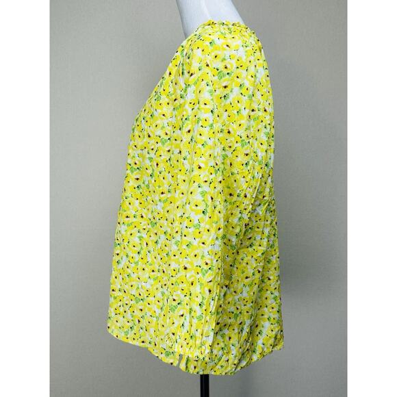 LOFT Yellow Floral Clip Tie Neck Blouse Ruffle Flowy Boho Large Peasant - Picture 7 of 14